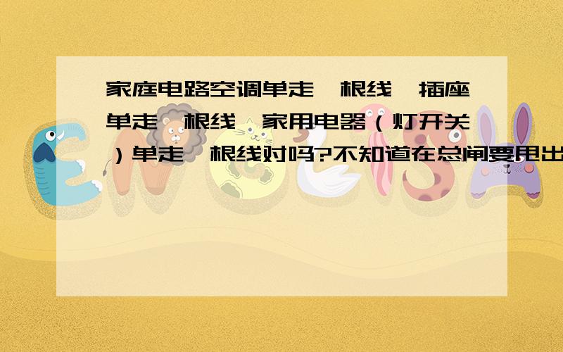 家庭电路空调单走一根线,插座单走一根线,家用电器（灯开关）单走一根线对吗?不知道在总闸要甩出几根线,正常家庭电路是怎么走的啊!