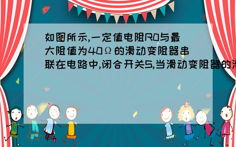 如图所示,一定值电阻R0与最大阻值为40Ω的滑动变阻器串联在电路中,闭合开关S,当滑动变阻器的滑片P滑到最左端时,电流表的示数为O.3A；当滑动变阻器的滑片P滑到最右端时,电流表的示数为O.1A