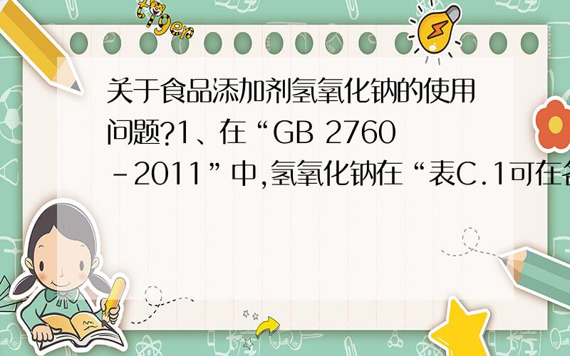 关于食品添加剂氢氧化钠的使用问题?1、在“GB 2760-2011”中,氢氧化钠在“表C.1可在各类食品加工过程中使用,残留量不需限定的加工助剂名单”中.氢氧化钠属于强碱,为什么不规定残留量,这是