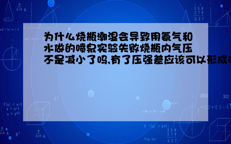 为什么烧瓶潮湿会导致用氨气和水做的喷泉实验失败烧瓶内气压不是减小了吗,有了压强差应该可以形成喷泉