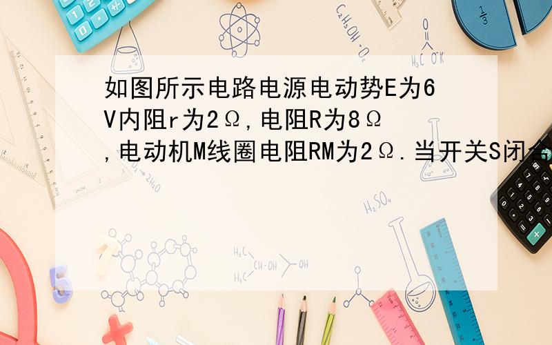 如图所示电路电源电动势E为6V内阻r为2Ω,电阻R为8Ω,电动机M线圈电阻RM为2Ω.当开关S闭合时,电阻R消耗的电功率为2W,则电动机输出的机械功率是?为什么为1.5W