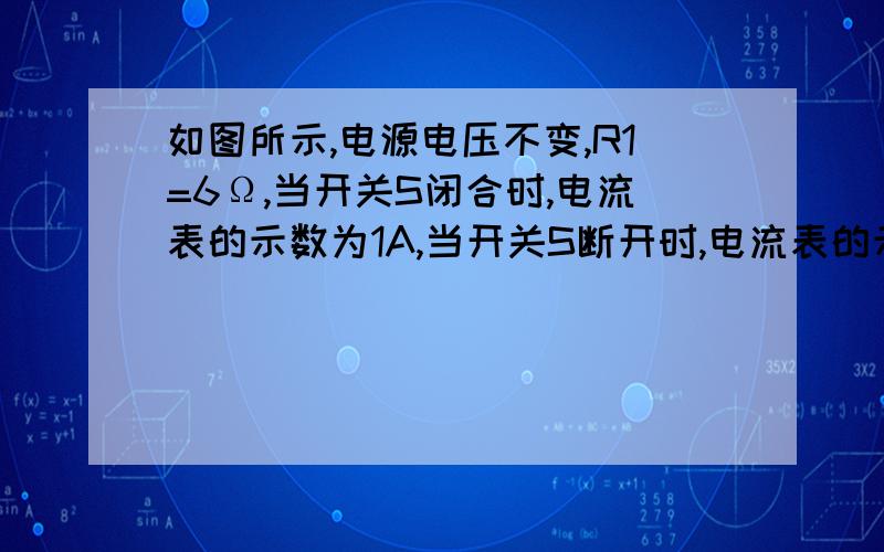 如图所示,电源电压不变,R1=6Ω,当开关S闭合时,电流表的示数为1A,当开关S断开时,电流表的示数为0.5A求：（1）电源电压 （2）R2的电阻是多少?