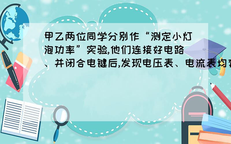 甲乙两位同学分别作“测定小灯泡功率”实验,他们连接好电路、并闭合电键后,发现电压表、电流表均有示数,但灯泡发光很暗.于是他们分别移动滑动变阻器的滑片,但在移动时,甲同学发现电