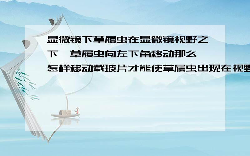 显微镜下草履虫在显微镜视野之下,草履虫向左下角移动那么,怎样移动载玻片才能使草履虫出现在视野中央?（显微镜之下是倒像）我觉得是向左下角移动可答案是向右上角难道不是：在视野