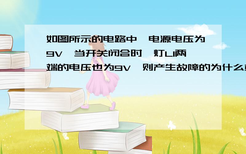 如图所示的电路中,电源电压为9V,当开关闭合时,灯L1两端的电压也为9V,则产生故障的为什么或什么