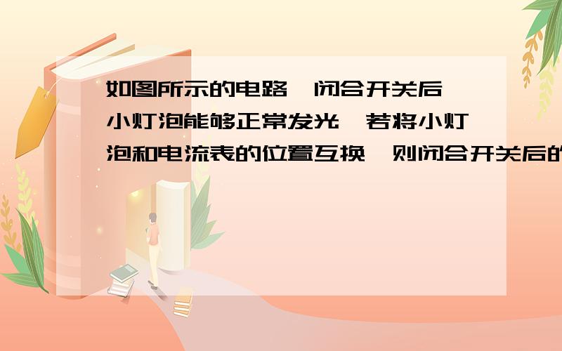 如图所示的电路,闭合开关后,小灯泡能够正常发光,若将小灯泡和电流表的位置互换,则闭合开关后的现想是a小灯泡不发光 b小灯泡会烧坏 c小灯泡仍正常发光 d电流表和电压表都没有示数ps;图