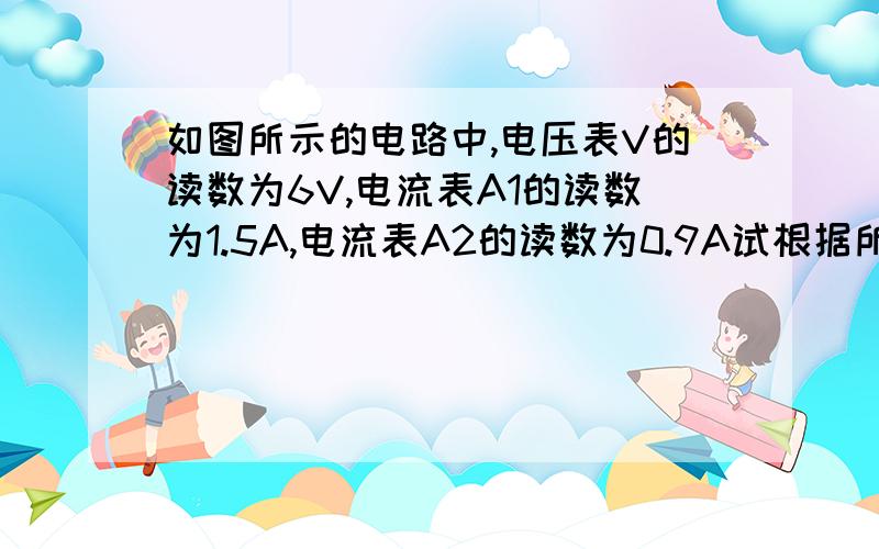 如图所示的电路中,电压表V的读数为6V,电流表A1的读数为1.5A,电流表A2的读数为0.9A试根据所学过的知识计算通过L1的电流和L2两端的电压.