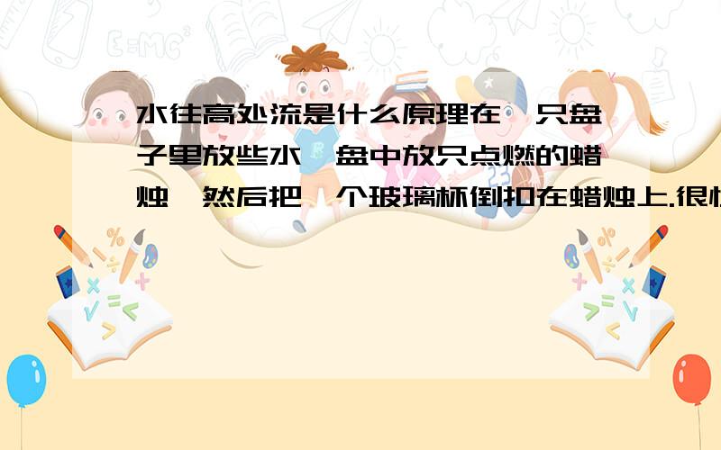 水往高处流是什么原理在一只盘子里放些水,盘中放只点燃的蜡烛,然后把一个玻璃杯倒扣在蜡烛上.很快你就会看见杯子外边的水会往杯子里流,而且越来越多,水位越来越高.这是什么原理.