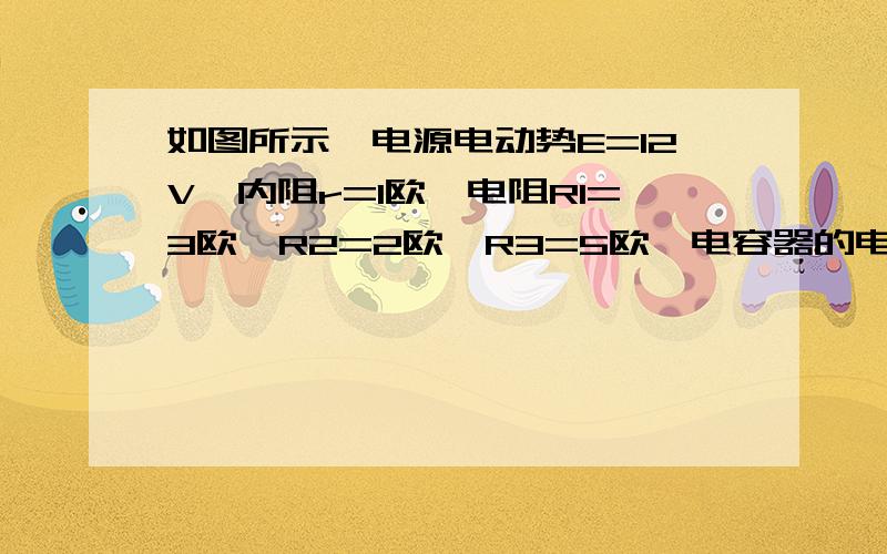 如图所示,电源电动势E=12V,内阻r=1欧,电阻R1=3欧,R2=2欧,R3=5欧,电容器的电容C1=4uF,C2=1uF.求C1,C2所带电荷量?