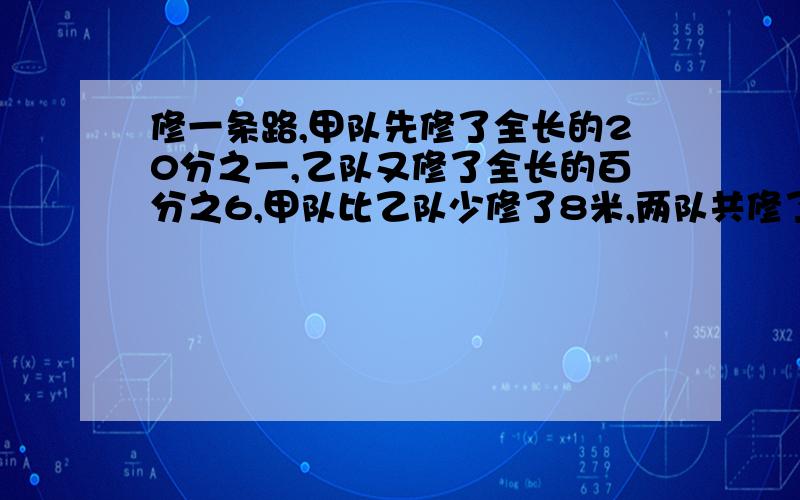 修一条路,甲队先修了全长的20分之一,乙队又修了全长的百分之6,甲队比乙队少修了8米,两队共修了多少米?