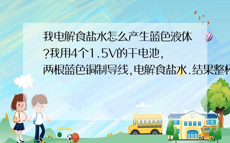 我电解食盐水怎么产生蓝色液体?我用4个1.5V的干电池,两根蓝色铜制导线,电解食盐水.结果整杯水变成蓝色.烧杯底部还有绿色沉淀物(可能是铜绿),谁能告诉我这蓝色液体是什么?有没有毒?