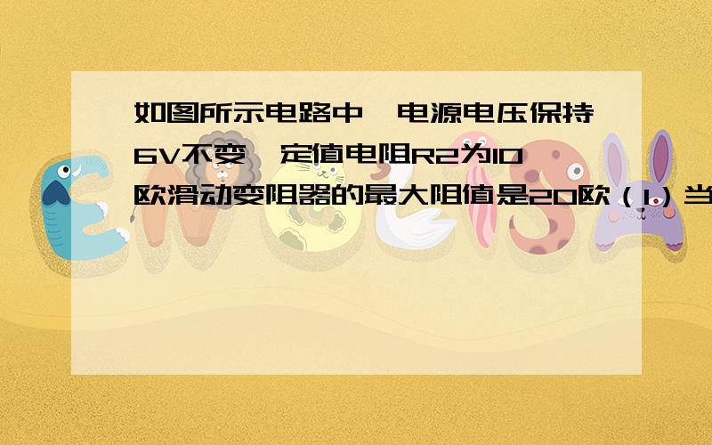 如图所示电路中,电源电压保持6V不变,定值电阻R2为10欧滑动变阻器的最大阻值是20欧（1）当滑片P移到a端,电压表读数是多少?（2）当滑片P移到b端,电压表读数是多少?少画了个电压表= =