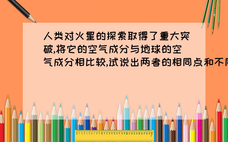 人类对火星的探索取得了重大突破,将它的空气成分与地球的空气成分相比较,试说出两者的相同点和不同点.〔至少写出四点〕⑴〔 〕⑵〔 〕⑶〔 〕⑷〔