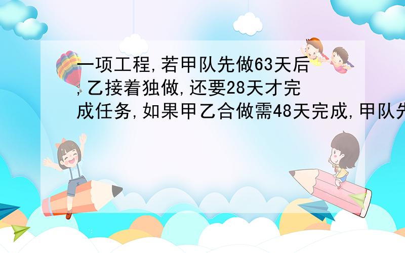 一项工程,若甲队先做63天后,乙接着独做,还要28天才完成任务,如果甲乙合做需48天完成,甲队先做42天后,乙队接着做直到完工,这项工程共花费13600元,问：甲乙两个工程队各得多少元?