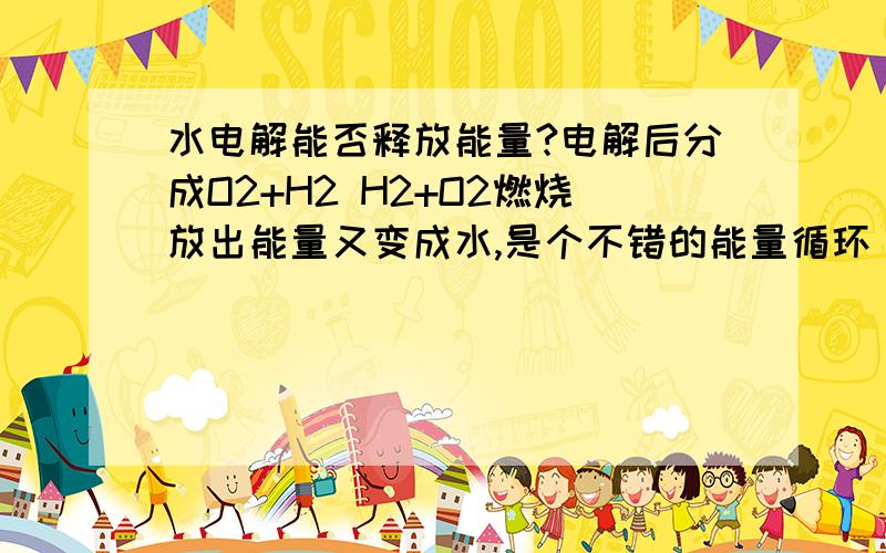 水电解能否释放能量?电解后分成O2+H2 H2+O2燃烧放出能量又变成水,是个不错的能量循环 是不是可以呢,恳请前辈指教