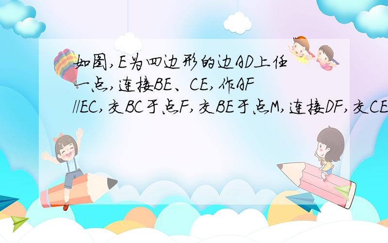 如图,E为四边形的边AD上任一点,连接BE、CE,作AF//EC,交BC于点F,交BE于点M,连接DF,交CE于点N,连接MN,EF.（1）求证：OE=OF,OM=ON; （2）求证：四边形BFDE与四边形AECF均为平行四边形.如题