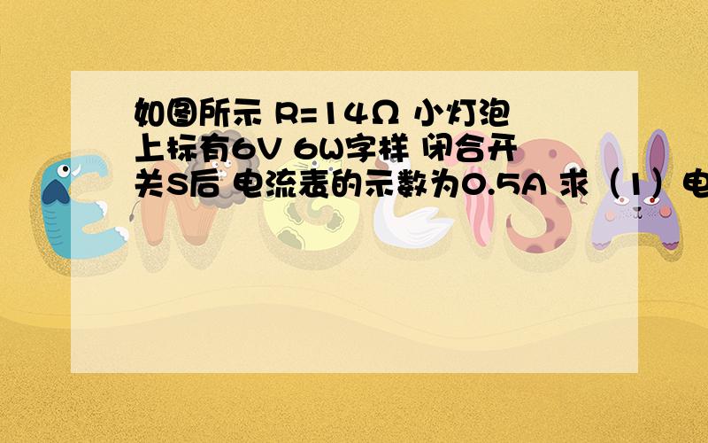 如图所示 R=14Ω 小灯泡上标有6V 6W字样 闭合开关S后 电流表的示数为0.5A 求（1）电源电压为多少?（2）小灯泡在1min内消耗的电能为多少?