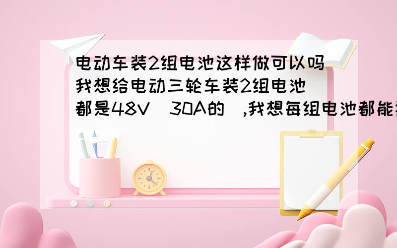 电动车装2组电池这样做可以吗我想给电动三轮车装2组电池（都是48V  30A的）,我想每组电池都能独立使用,但是我对电路不懂,也不知道怎么接线路,所以画出了下面的图,请问这样可以吗?如果有