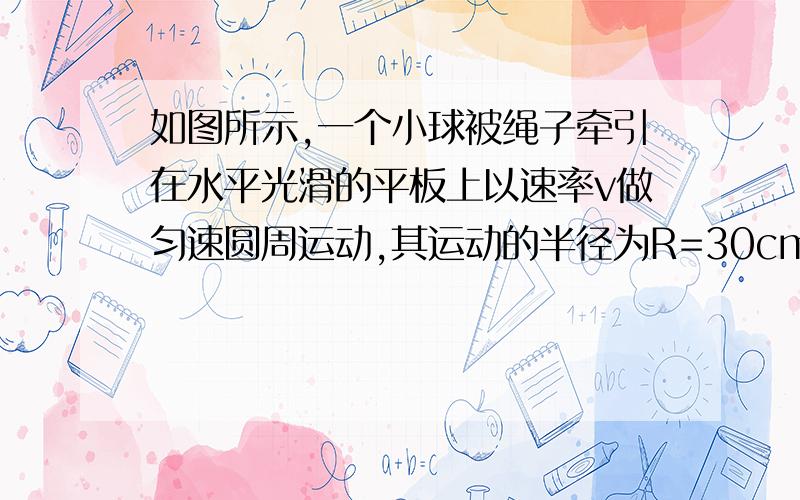 如图所示,一个小球被绳子牵引在水平光滑的平板上以速率v做匀速圆周运动,其运动的半径为R=30cm,现将牵引的绳子迅速放长20cm,使小球在更大半径的新轨道上做匀速圆周运动,求：1 实现这一过