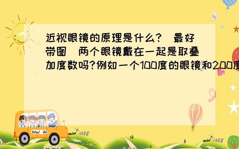 近视眼镜的原理是什么?（最好带图）两个眼镜戴在一起是取叠加度数吗?例如一个100度的眼镜和200度的眼镜戴在一起,是300度眼镜的效果吗?