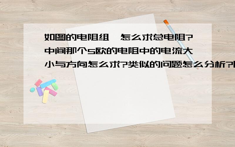 如图的电阻组,怎么求总电阻?中间那个5欧的电阻中的电流大小与方向怎么求?类似的问题怎么分析?图很丑,见谅.上图中电源电压是12V，忘画了==