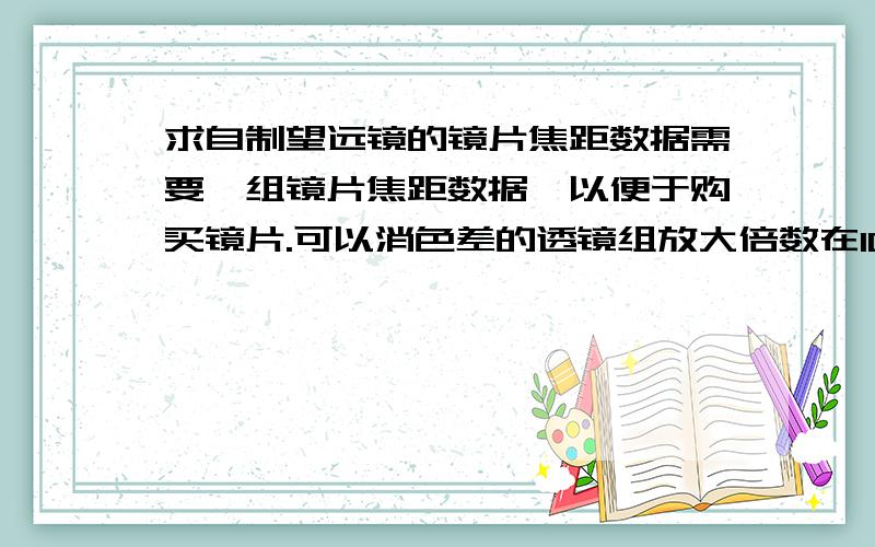 求自制望远镜的镜片焦距数据需要一组镜片焦距数据,以便于购买镜片.可以消色差的透镜组放大倍数在10倍左右镜片数量五片内