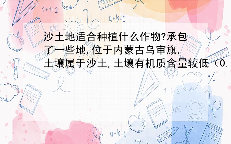 沙土地适合种植什么作物?承包了一些地,位于内蒙古乌审旗,土壤属于沙土,土壤有机质含量较低（0.16%）,碱解氮、有效磷、速效钾含量分别为61、0.78、119mg/kg,PH值在8以上,电导率为226us/cm,想种