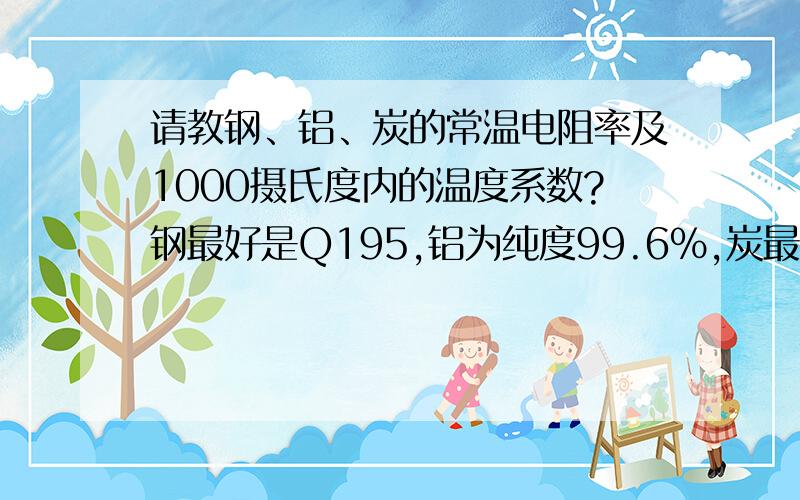 请教钢、铝、炭的常温电阻率及1000摄氏度内的温度系数?钢最好是Q195,铝为纯度99.6%,炭最好分炭和石墨分别介绍,三种材料的常温电阻率及1000摄氏度范围内（平均的）电阻率温度系数?如果没有