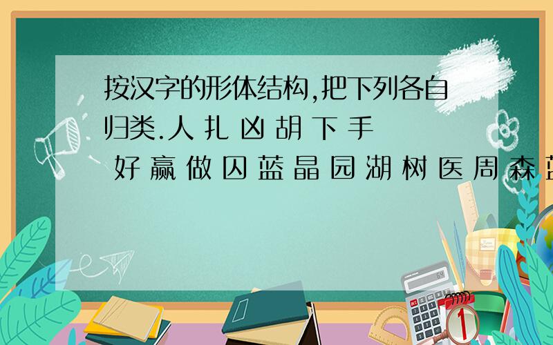 按汉字的形体结构,把下列各自归类.人 扎 凶 胡 下 手 好 赢 做 囚 蓝 晶 园 湖 树 医 周 森 蓝 也 率独体字:左右结构：上下结构：左中右结构：全包围结构：品字形结构：上中下结构：半包