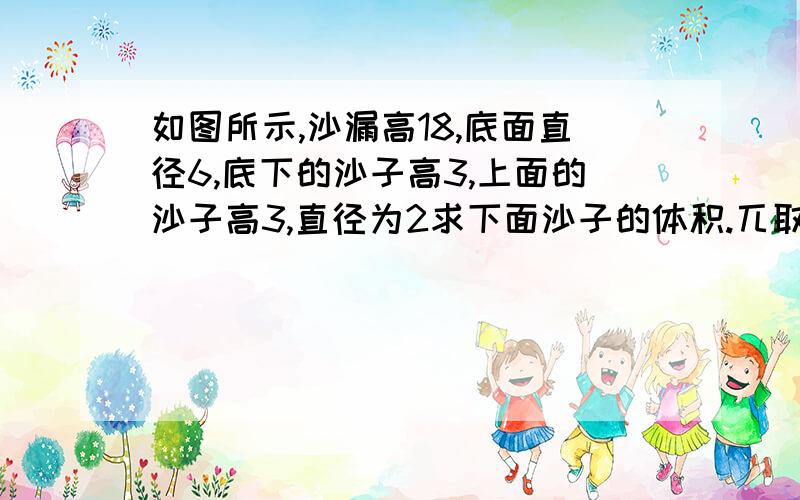 如图所示,沙漏高18,底面直径6,底下的沙子高3,上面的沙子高3,直径为2求下面沙子的体积.兀取3.