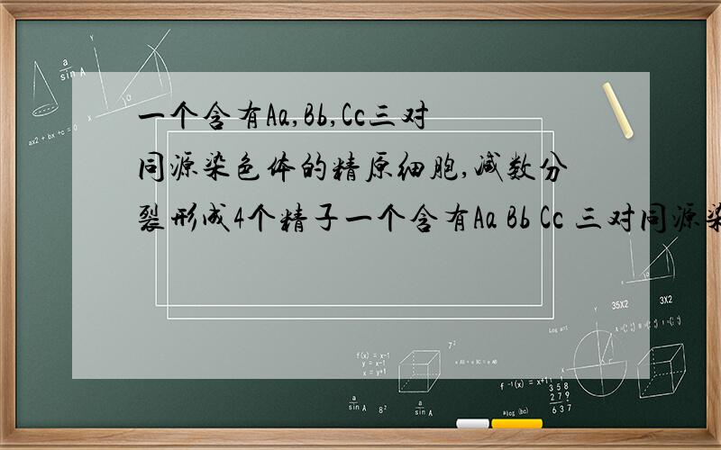 一个含有Aa,Bb,Cc三对同源染色体的精原细胞,减数分裂形成4个精子一个含有Aa Bb Cc 三对同源染色体的精原细胞,减数分裂形成四个精子,这四个精子的染得体组成可能是：A:BbC Bbc AaC AacB:ABc ABC aBC