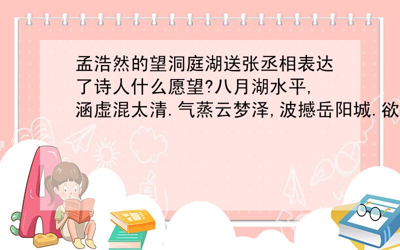 孟浩然的望洞庭湖送张丞相表达了诗人什么愿望?八月湖水平,涵虚混太清.气蒸云梦泽,波撼岳阳城.欲济无舟楫,端居耻圣明.坐观垂钓者,徒有羡鱼情.