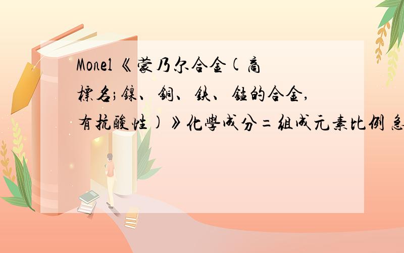 Monel 《蒙乃尔合金(商标名;镍、铜、铁、锰的合金,有抗酸性)》化学成分=组成元素比例 急