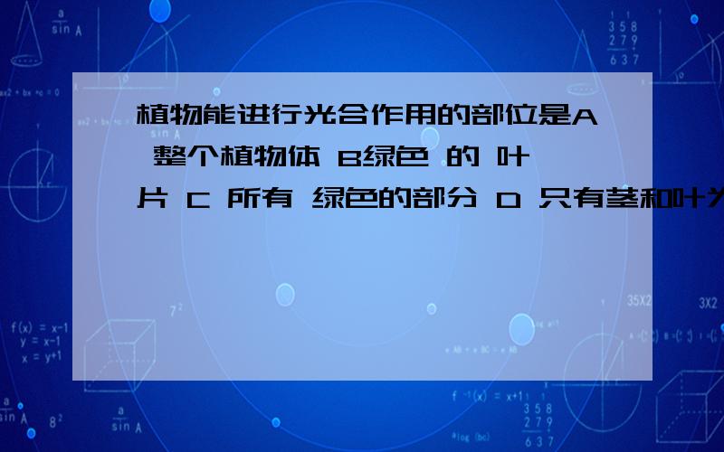 植物能进行光合作用的部位是A 整个植物体 B绿色 的 叶片 C 所有 绿色的部分 D 只有茎和叶为什么啊