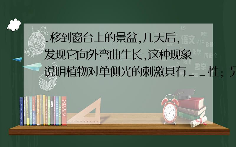 .移到窗台上的景盆,几天后,发现它向外弯曲生长,这种现象说明植物对单侧光的刺激具有＿＿性；另一方面,也说明植物对新环境的＿＿.2.自然保护区是为了保护＿＿,特别是为了＿和＿,＿划出