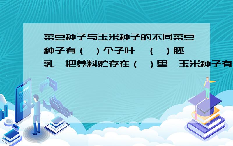 菜豆种子与玉米种子的不同菜豆种子有（ ）个子叶,（ ）胚乳,把养料贮存在（ ）里,玉米种子有（ ）个子叶,（ ）胚乳,把养料贮存在（ ）里