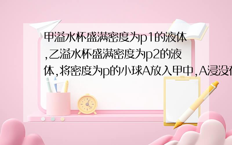 甲溢水杯盛满密度为p1的液体,乙溢水杯盛满密度为p2的液体,将密度为p的小球A放入甲中,A浸没在液体中,溢出32g液体,将B小球放入乙中,B漂浮且有6分之1体积露出液面,溢出液体的质量为40g,已知A.B