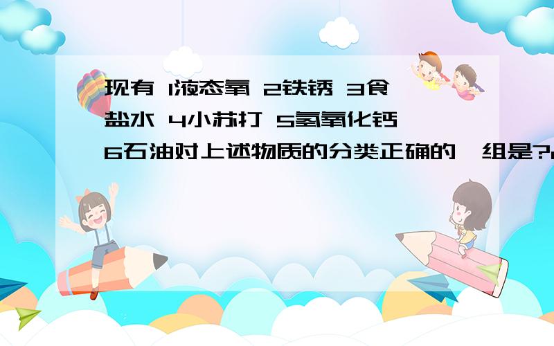 现有 1液态氧 2铁锈 3食盐水 4小苏打 5氢氧化钙 6石油对上述物质的分类正确的一组是?a盐—34 b混合物-236一道使人很迷惑的简单化学题