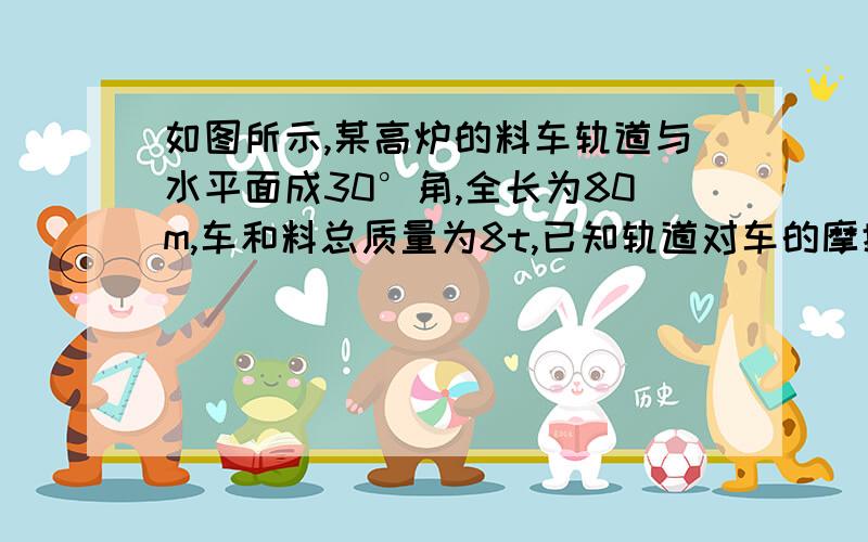 如图所示,某高炉的料车轨道与水平面成30°角,全长为80m,车和料总质量为8t,已知轨道对车的摩擦阻力为4000N,料车用缆索牵引并做匀速运动,求每提升一料车时,求：(1)缆索拉力所做的功(2)轨道对