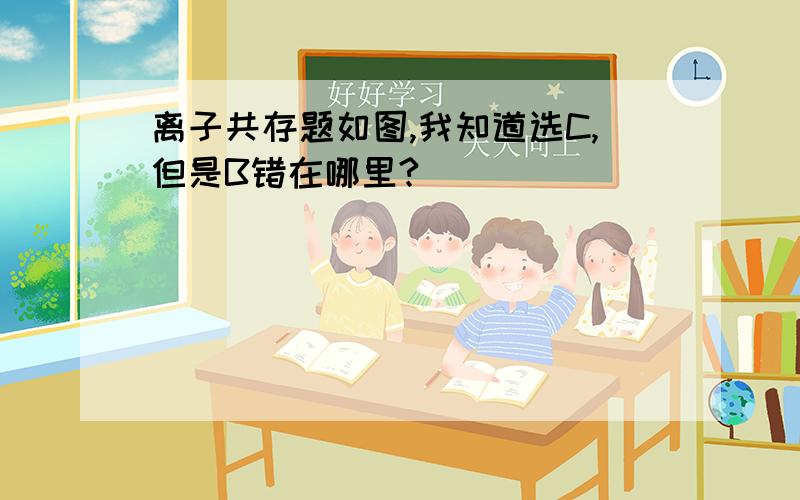 离子共存题如图,我知道选C,但是B错在哪里?