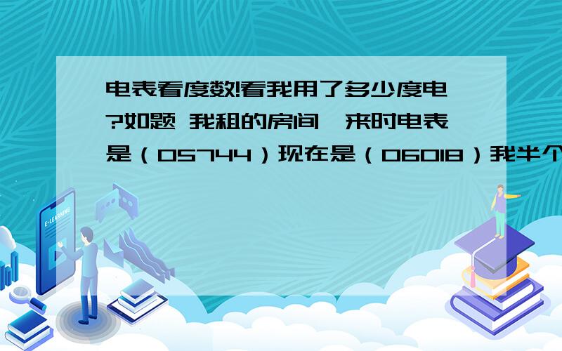 电表看度数!看我用了多少度电?如题 我租的房间,来时电表是（05744）现在是（06018）我半个月用了多少度电?二百多度么?06018度-05744度=274度?那我半个月就用了一百九十多块钱的电?