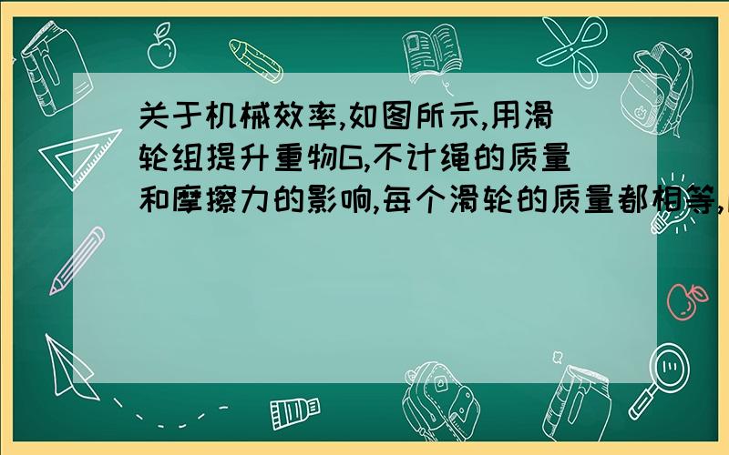 关于机械效率,如图所示,用滑轮组提升重物G,不计绳的质量和摩擦力的影响,每个滑轮的质量都相等,所提重物的质量为20kg,当拉力F为60N时,重物被匀速提升1m高,求：（1）滑轮组的机械效率是多