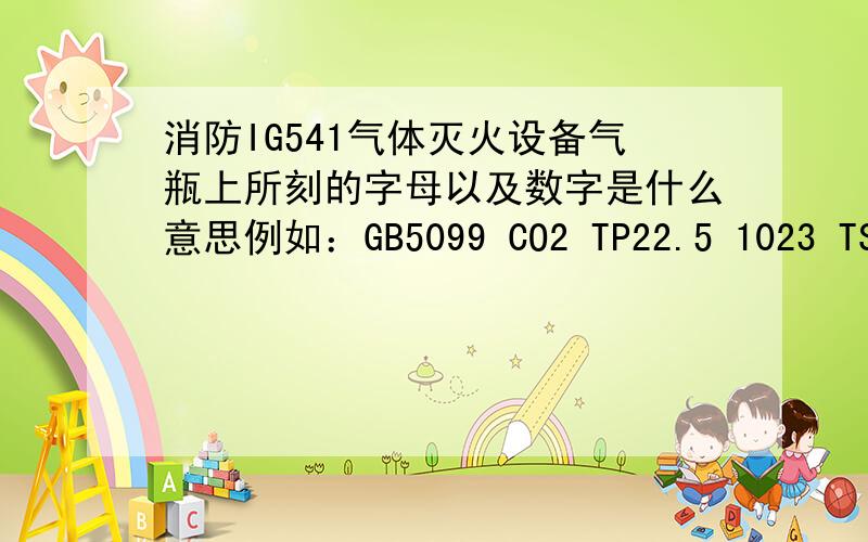 消防IG541气体灭火设备气瓶上所刻的字母以及数字是什么意思例如：GB5099 CO2 TP22.5 1023 TS 2210291 WP15 ZP09.10 W 75.5 V 71.4 S 6.0