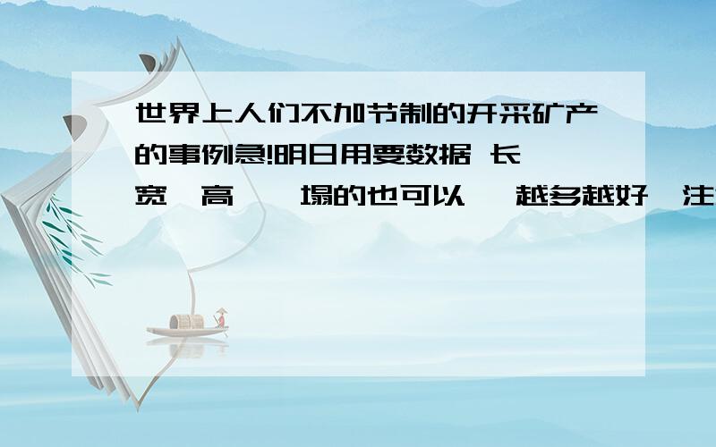 世界上人们不加节制的开采矿产的事例急!明日用要数据 长、宽、高,坍塌的也可以 ,越多越好,注意要事例