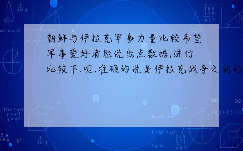 朝鲜与伊拉克军事力量比较希望军事爱好者能说出点数据,进行比较下.呃.准确的说是伊拉克战争之前的伊拉克