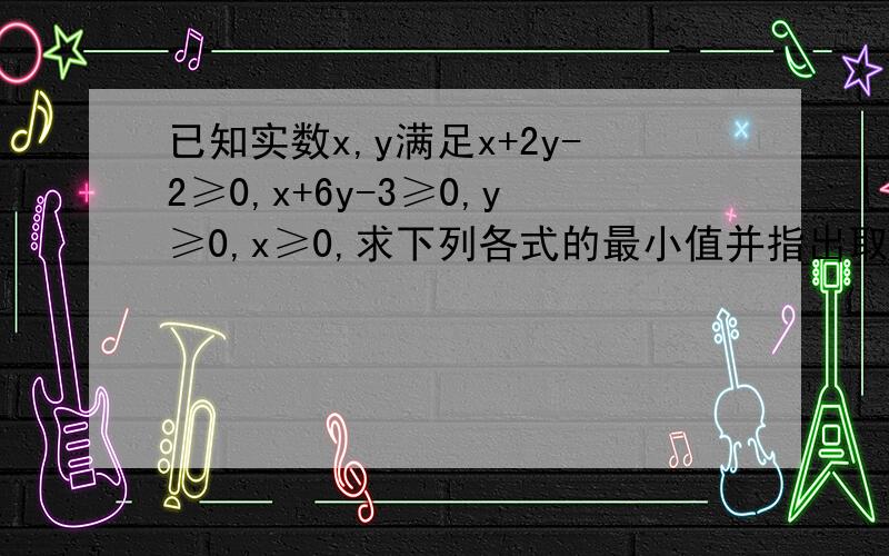 已知实数x,y满足x+2y-2≥0,x+6y-3≥0,y≥0,x≥0,求下列各式的最小值并指出取最小值时x,y的值.（1）2x+5y (2)3^x + 9^y