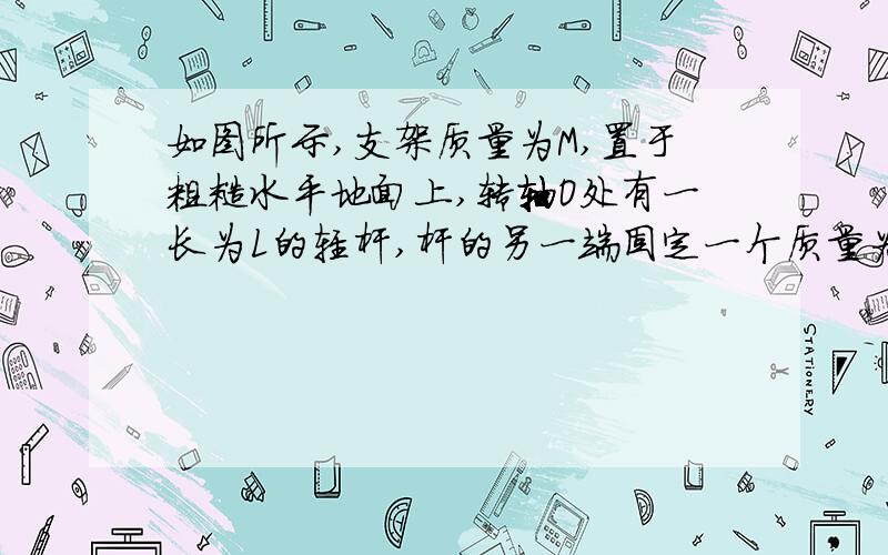 如图所示,支架质量为M,置于粗糙水平地面上,转轴O处有一长为L的轻杆,杆的另一端固定一个质量为m小球,使小球在竖直平面内做匀速圆周运动,支架始终保持静止状态,若小球到最高点时,恰好支