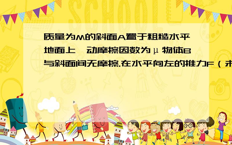 质量为M的斜面A置于粗糙水平地面上,动摩擦因数为μ物体B与斜面间无摩擦.在水平向左的推力F（未知）作用下,A与B一起做匀加速直线运动,两者无相对滑动.已知斜面的倾角为,物体B的质量为m,