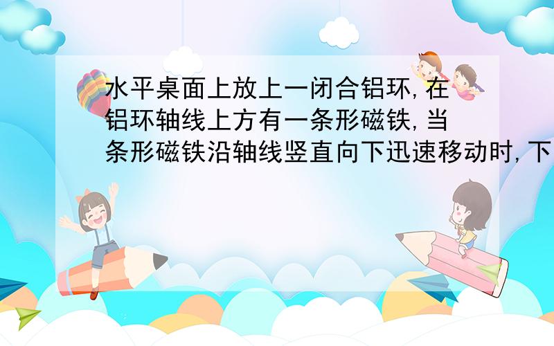 水平桌面上放上一闭合铝环,在铝环轴线上方有一条形磁铁,当条形磁铁沿轴线竖直向下迅速移动时,下列判...水平桌面上放上一闭合铝环,在铝环轴线上方有一条形磁铁,当条形磁铁沿轴线竖直