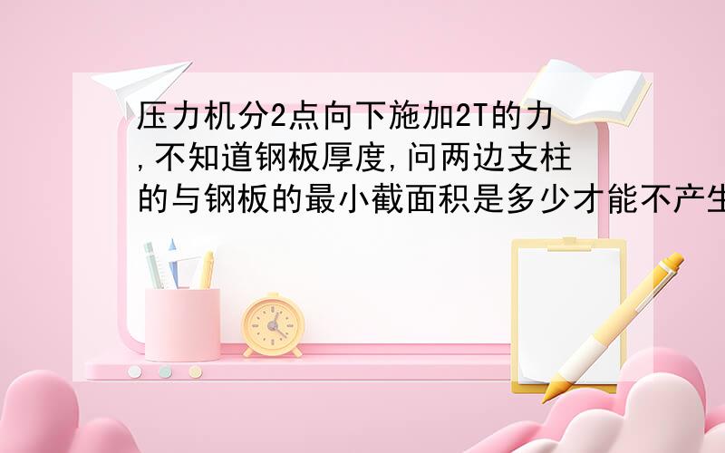 压力机分2点向下施加2T的力,不知道钢板厚度,问两边支柱的与钢板的最小截面积是多少才能不产生挠度?钢板是Q 235的材料,支柱跨度为2M